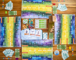 A full Wingspan setup mid-game with player mat, bird feeder, and goal board (photo credit Tim Chuon).