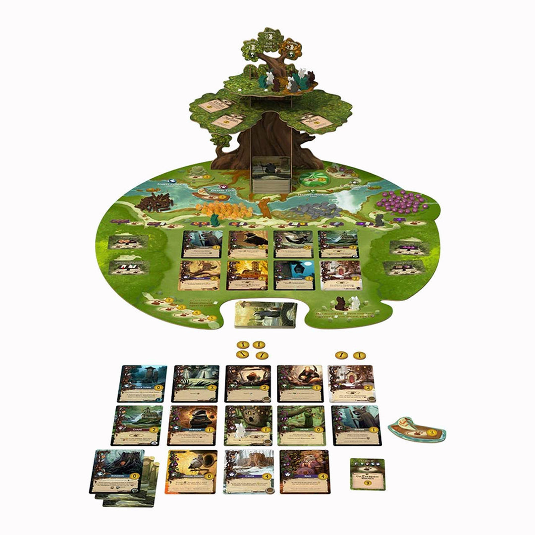 An Everdell table in full bloom, the three-dimensional Ever Tree towering over the woodland board.