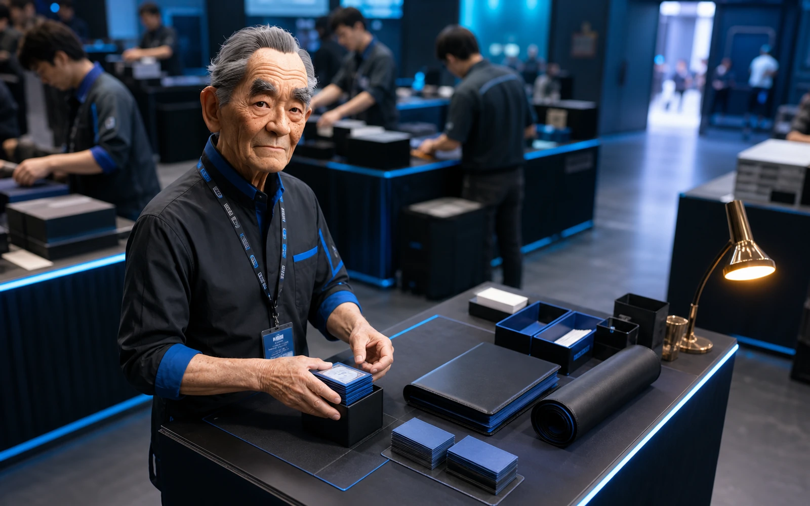 Kenji checks a Rarity Collection 5 display and a compact protection kit at a clean store counter