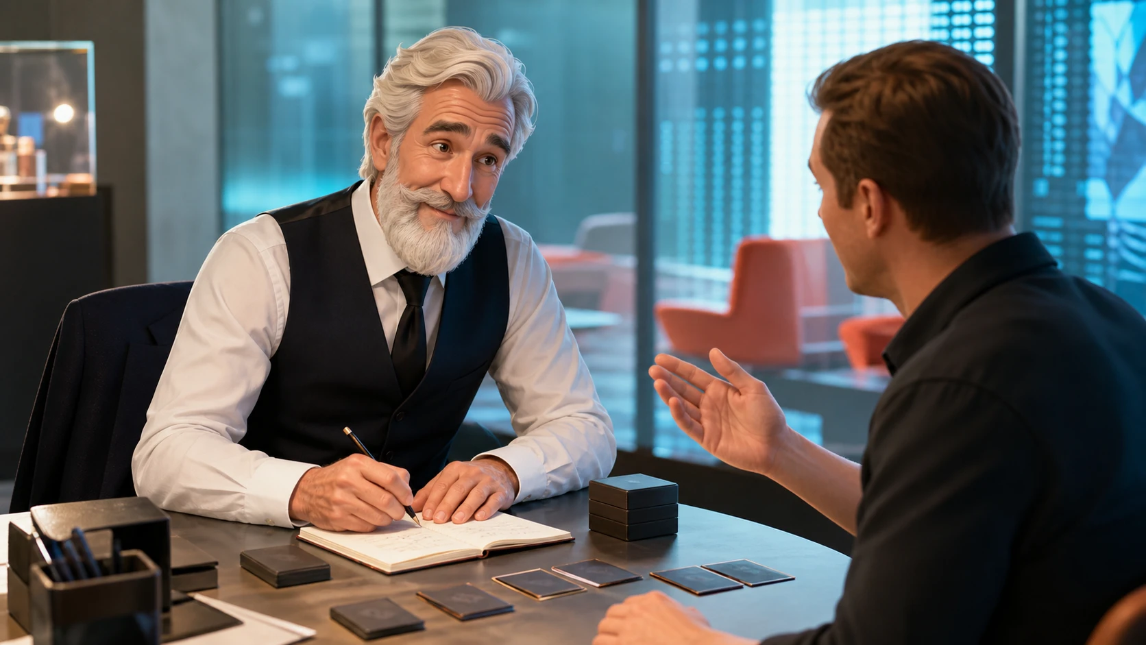 Robert listens with an amused expression while writing practice notes with an adult partner in a bright testing room.