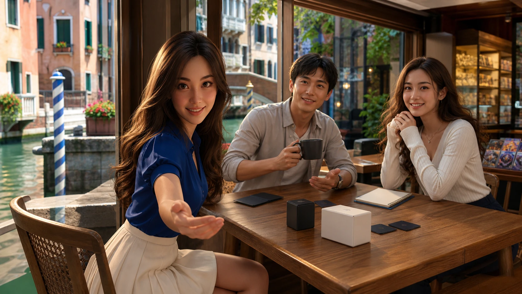 Yumi invites an adult guest to join two friends at a sunlit canal-side cafe table before play.