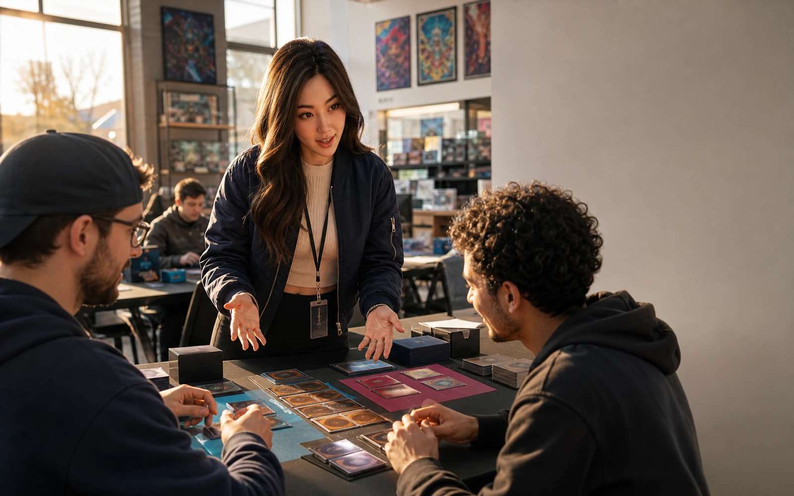 Yumi at a bright card-store counter with three distinct purchase routes