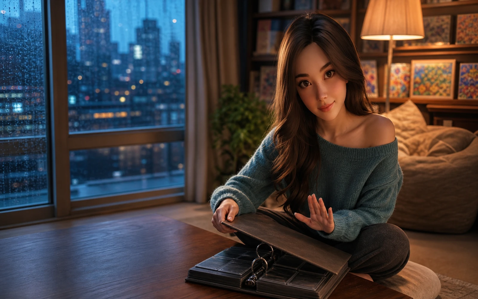 Yumi reviews creator-opening notes beside a sample-size reminder in a quiet apartment