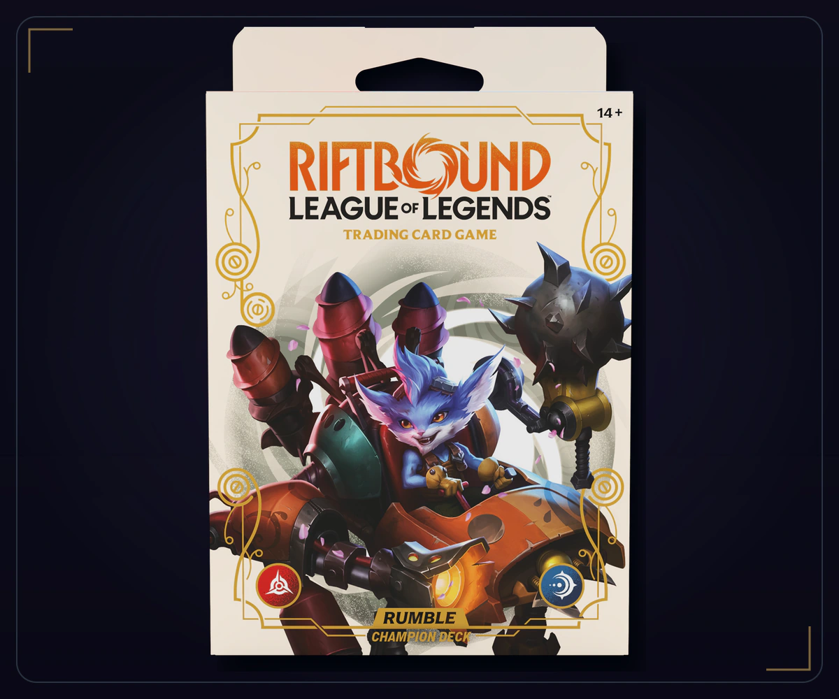 Riftbound Spiritforged Rumble Champion Deck box and cards