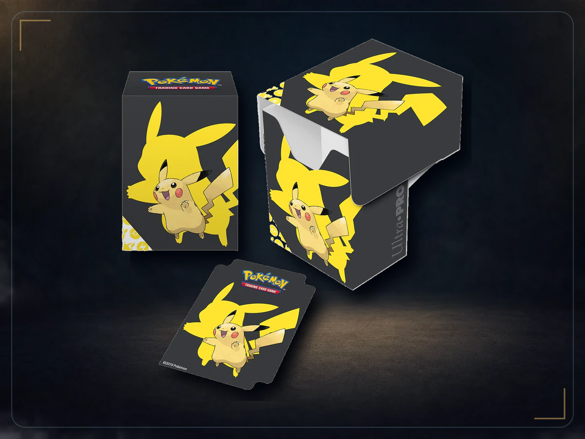 Pokémon Full View Deck Box with Pikachu, Holds 80 Standard Trading Cards, Archival-Safe Polypropylene, Self-Locking Lid, Includes Bonus Deck Divider, 2.17 x 2.95 x 3.94 inches, 1.0 Count, exact product listing photograph