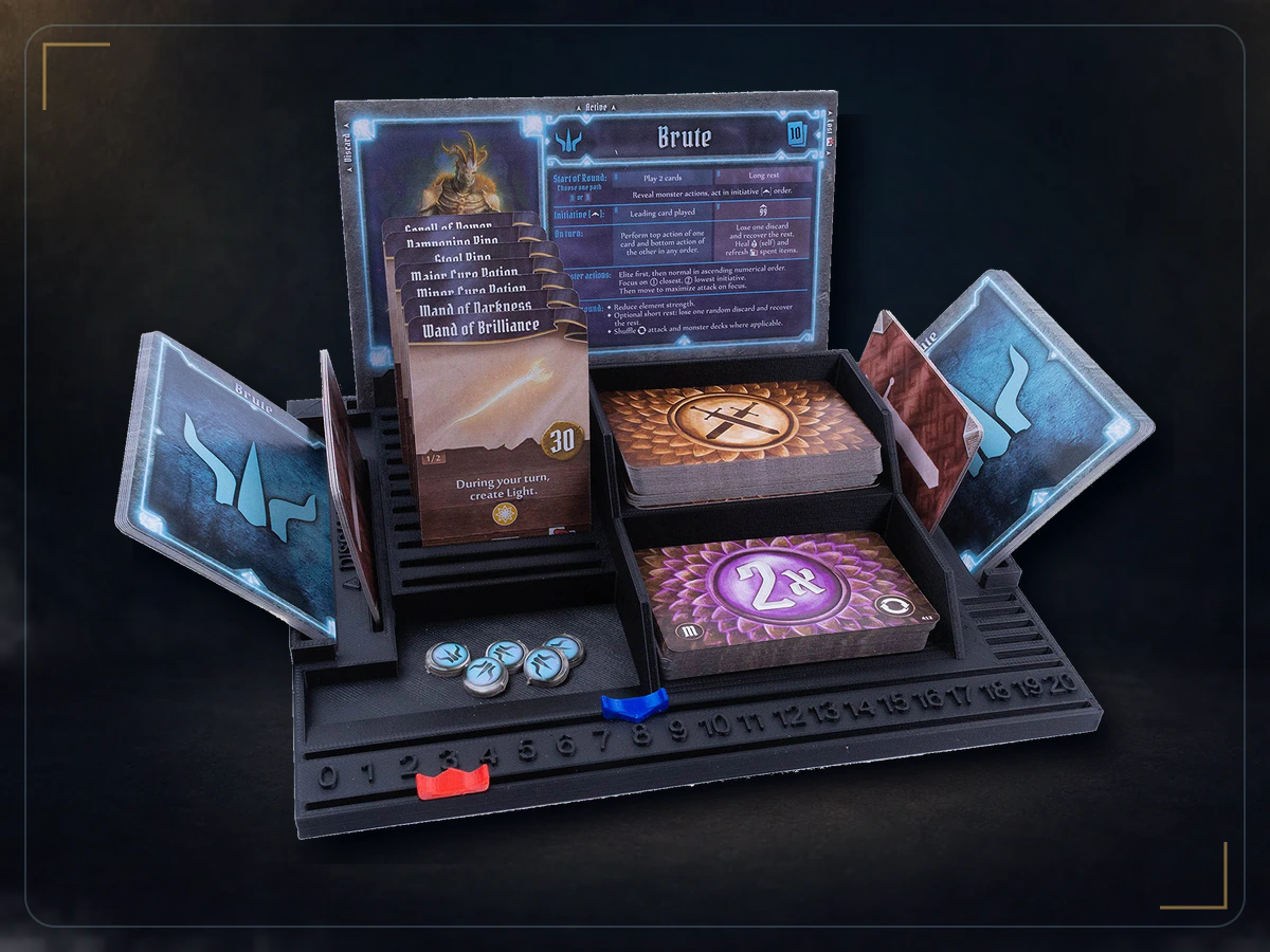 Four black Gloomhaven player dashboards with integrated hit point and experience slide trackers