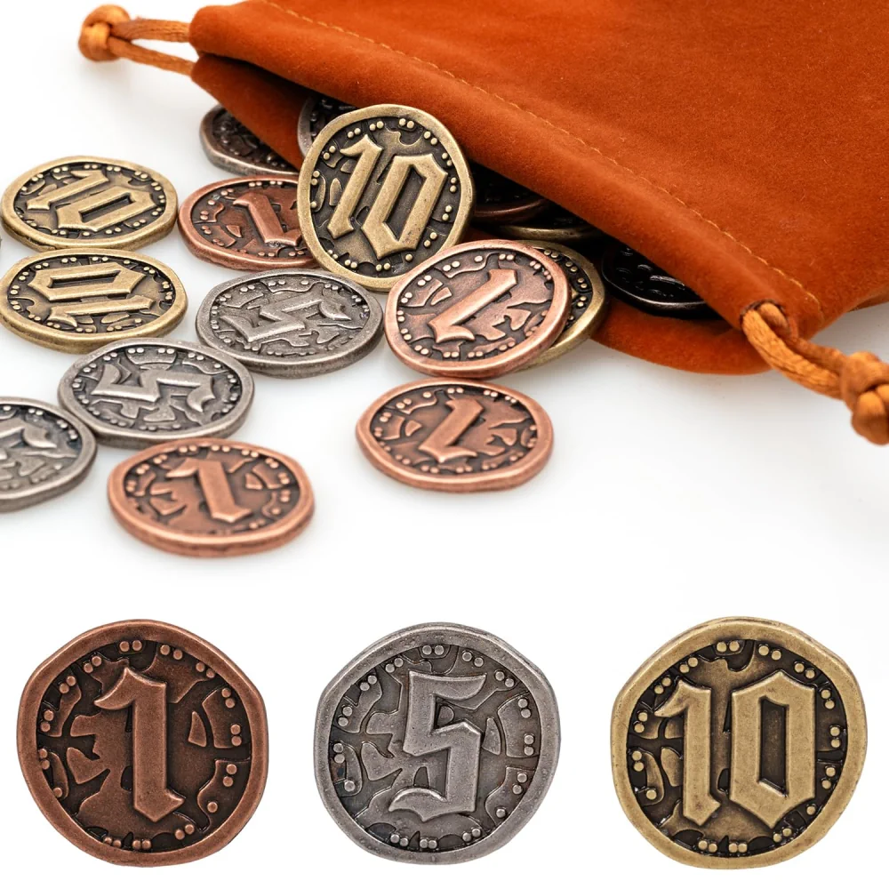v2croft 30 PCS Metal Coins for Board Games, DND Tokens, Gold-Silver-Copper