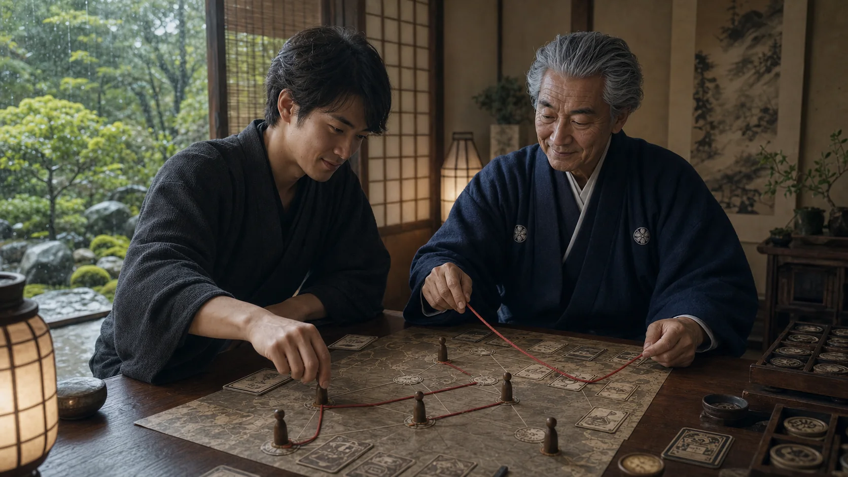 Kenji using a red route cord to teach efficient movement across connected locations