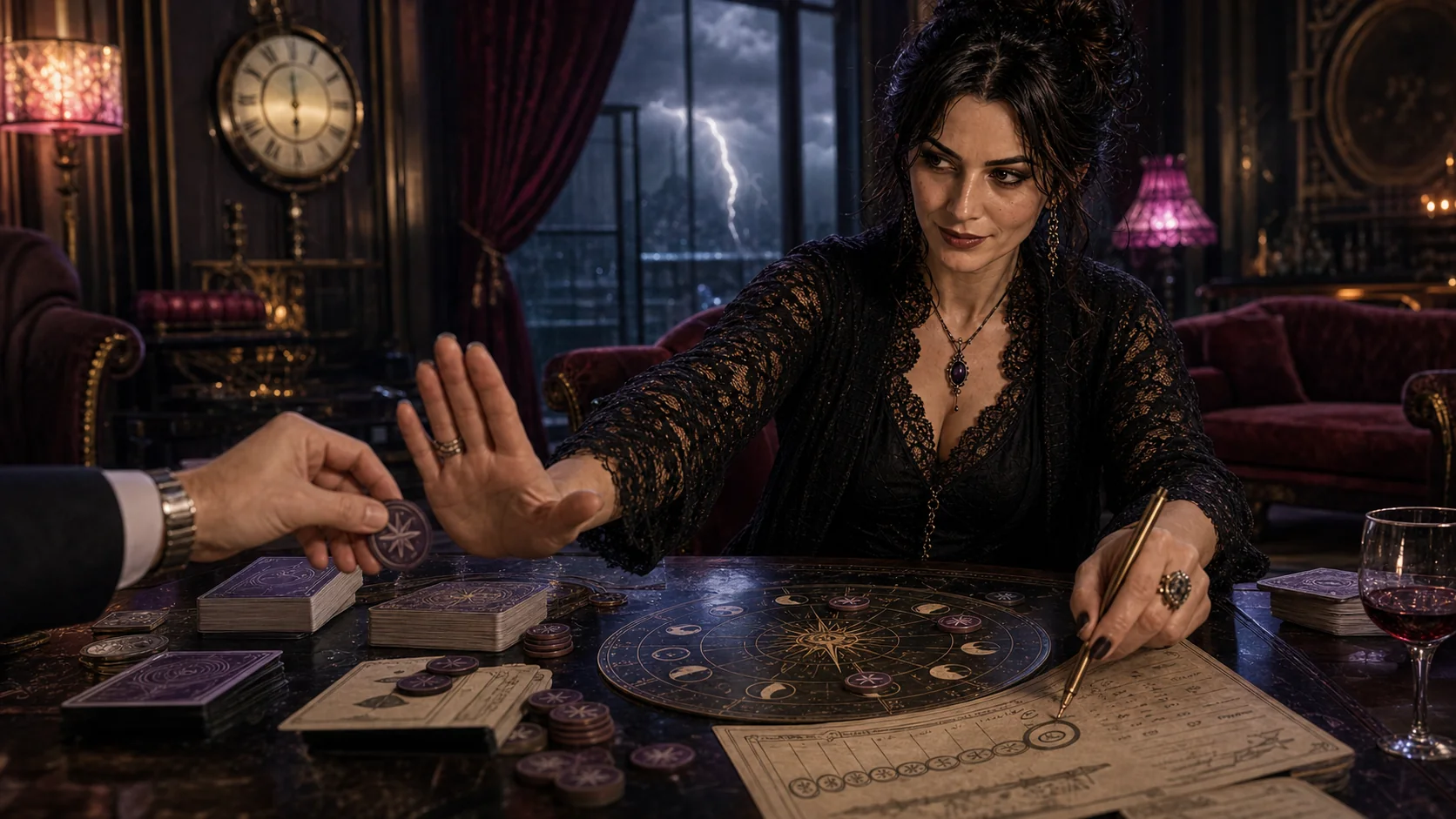 Margo stopping a doom token and marking the agenda threshold in her table ledger