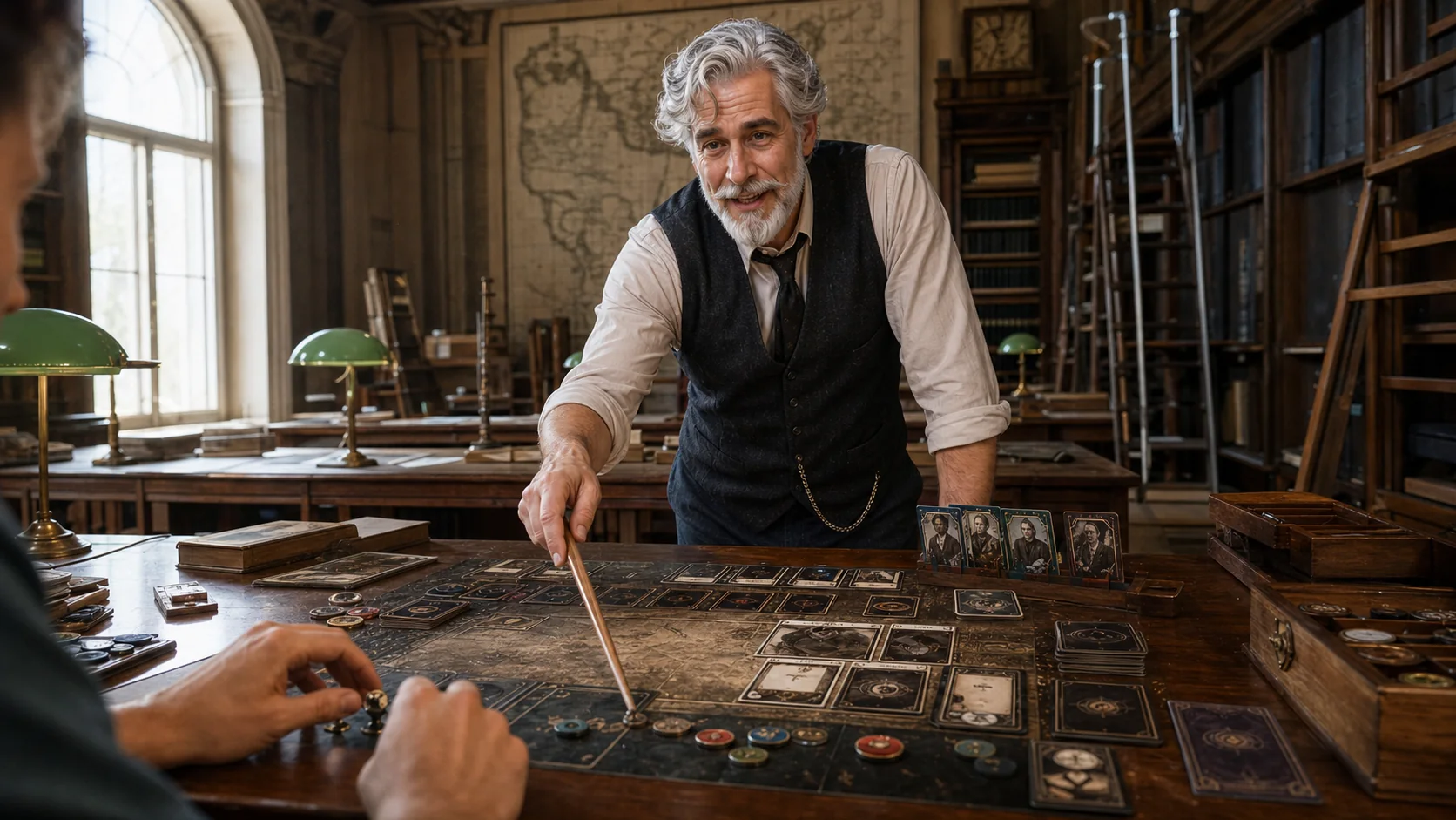 Robert leaning over an archive table and tracing the scenario zones with a wooden pointer