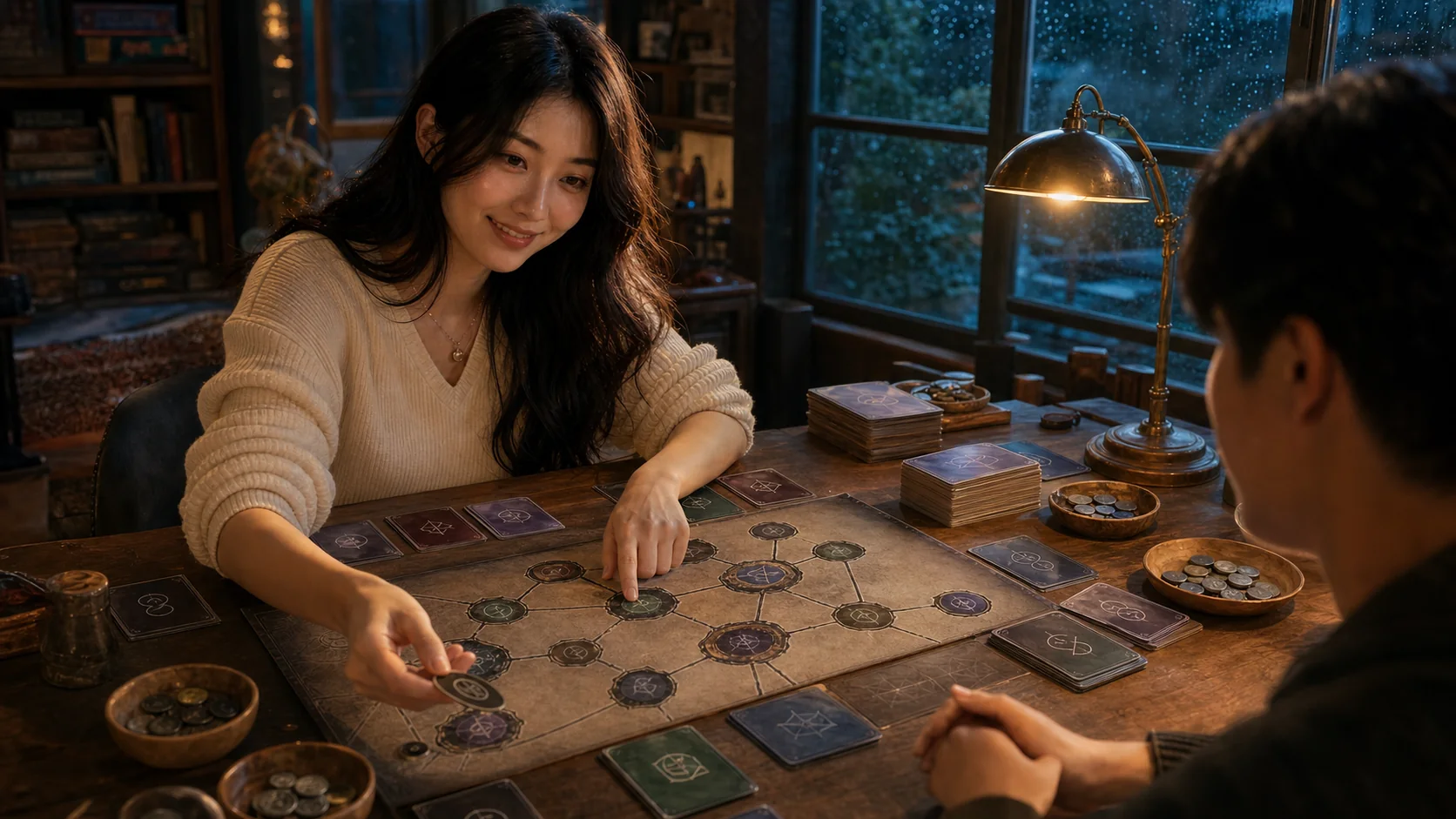 Yumi coaching Attic Clue Hunt at the table