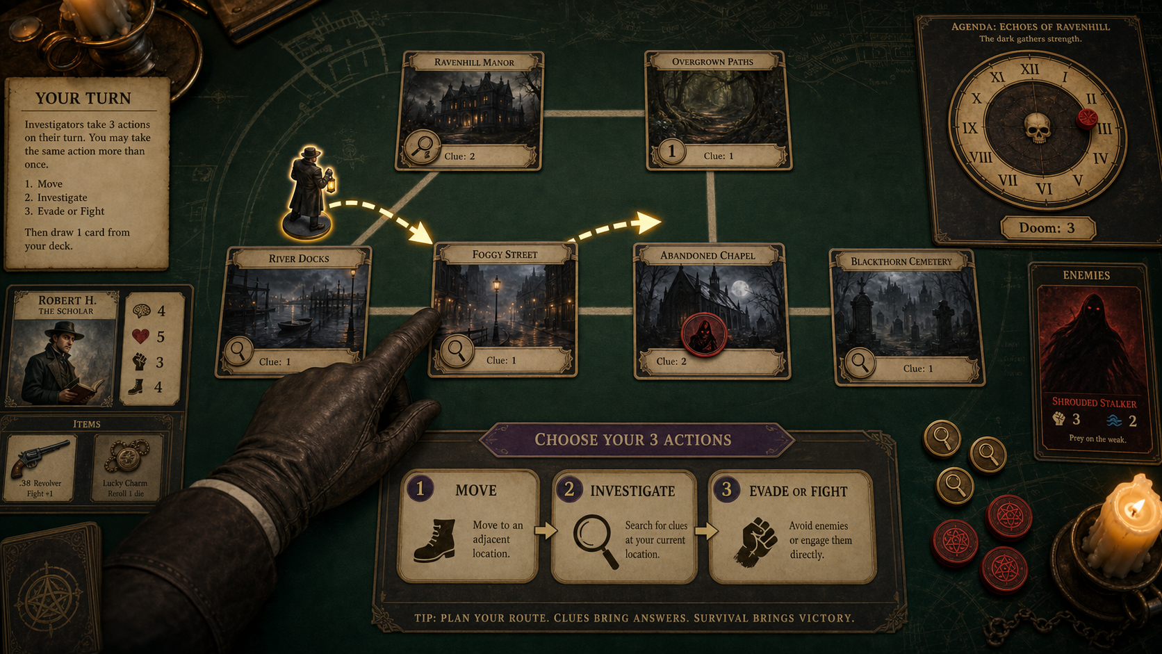 Generated teaching image of an original horror card-game board with action path