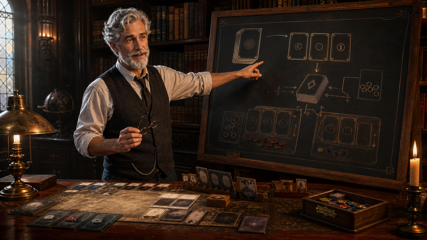 Robert teaching an abstract Arkham Horror LCG setup diagram
