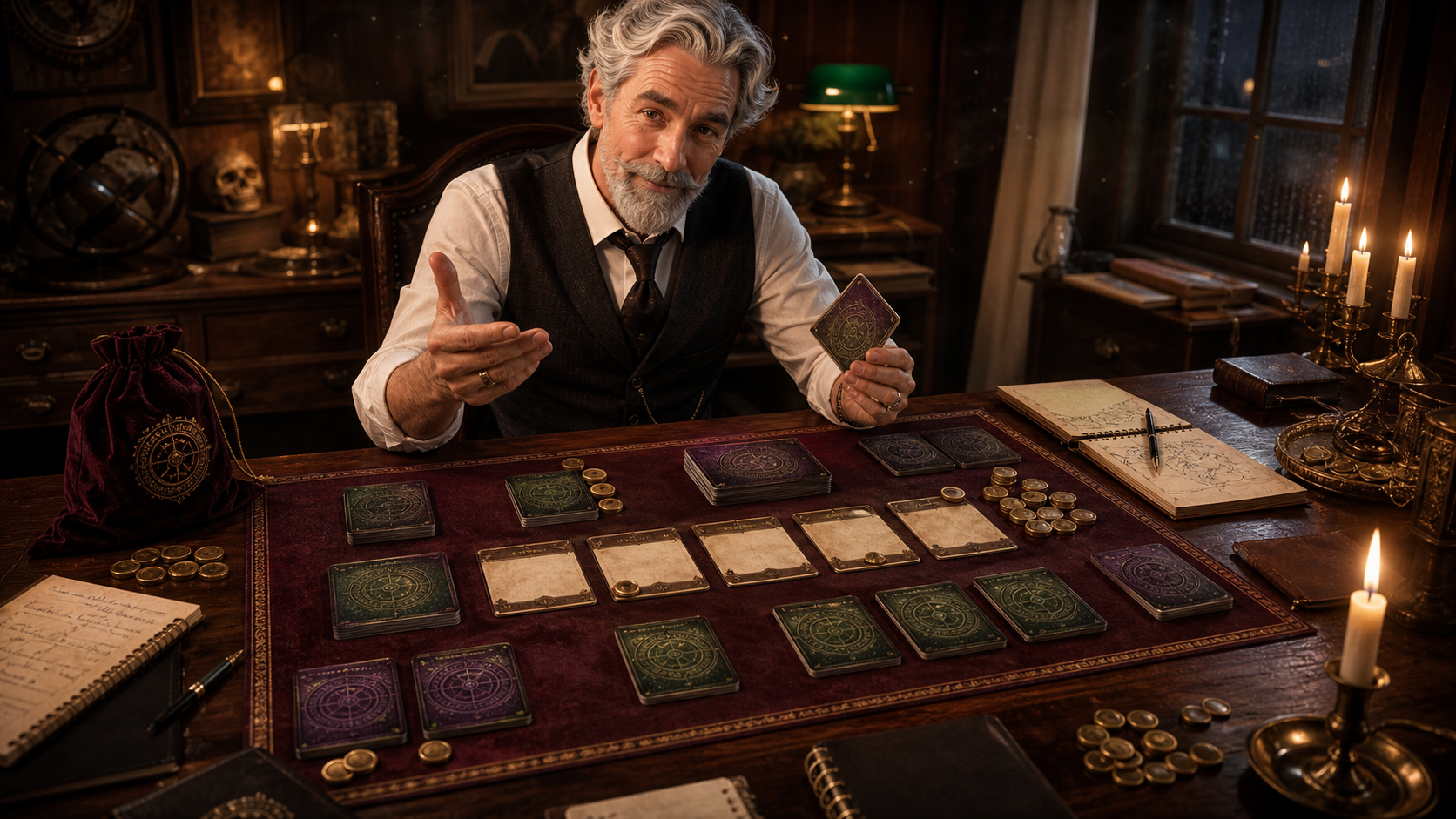 Robert teaching the Arkham Horror LCG setup trainer at a game table