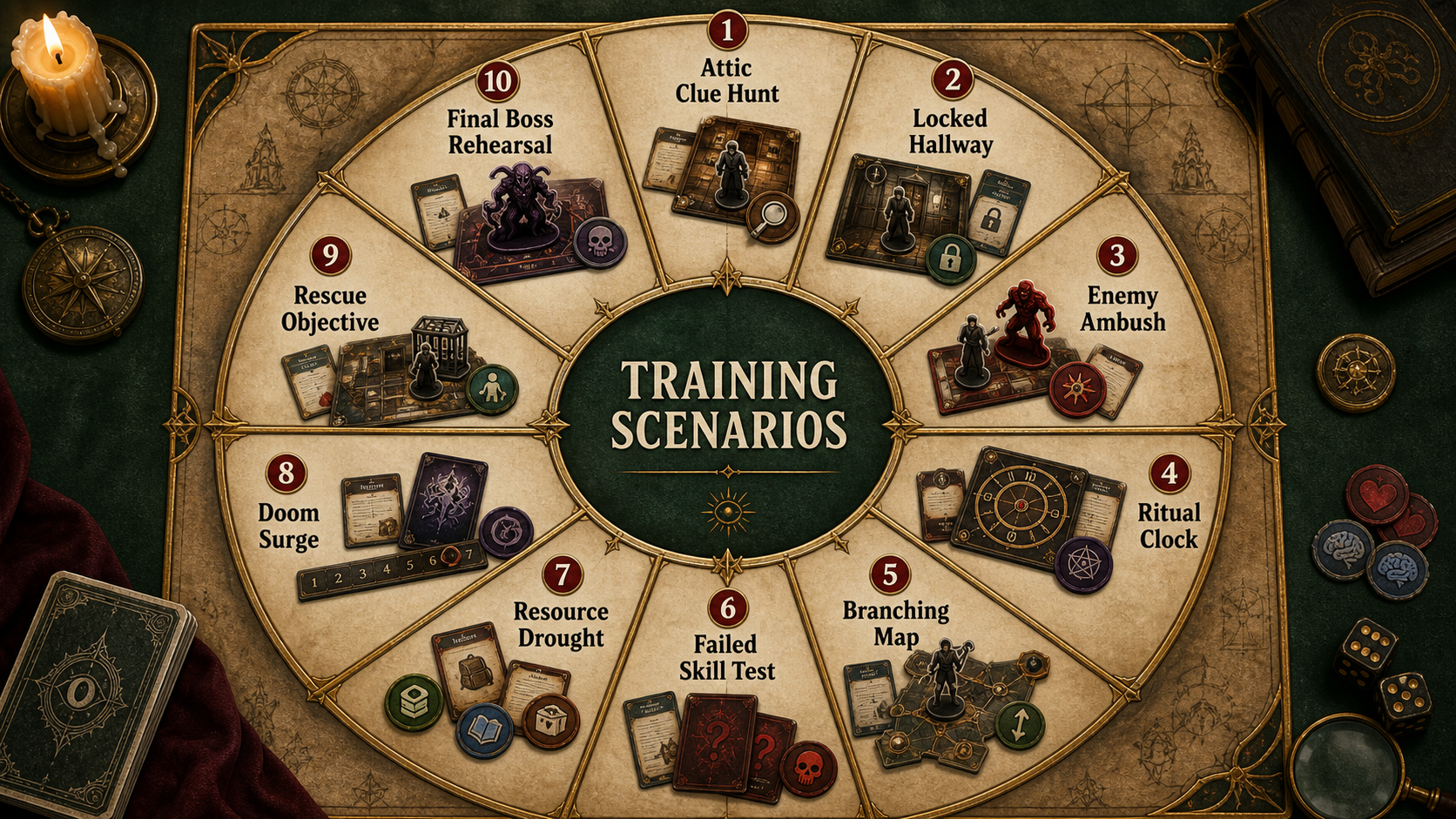 Ten original Arkham-style training scenarios arranged as a teaching wheel