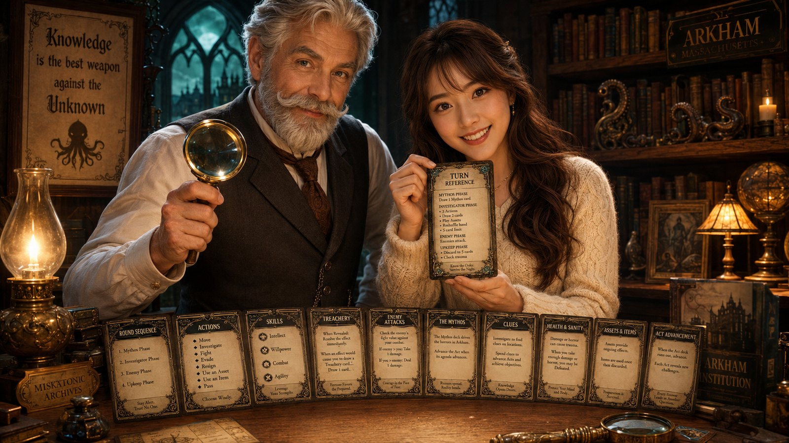 Robert the Keeper and Yumi the Hostess presenting the printed Arkham player aids in a candlelit study