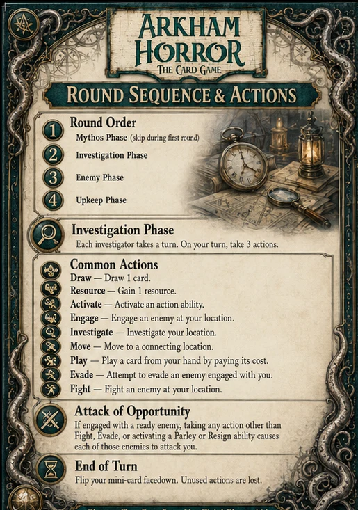 Round Sequence & Actions — unofficial Arkham Horror card game player aid
