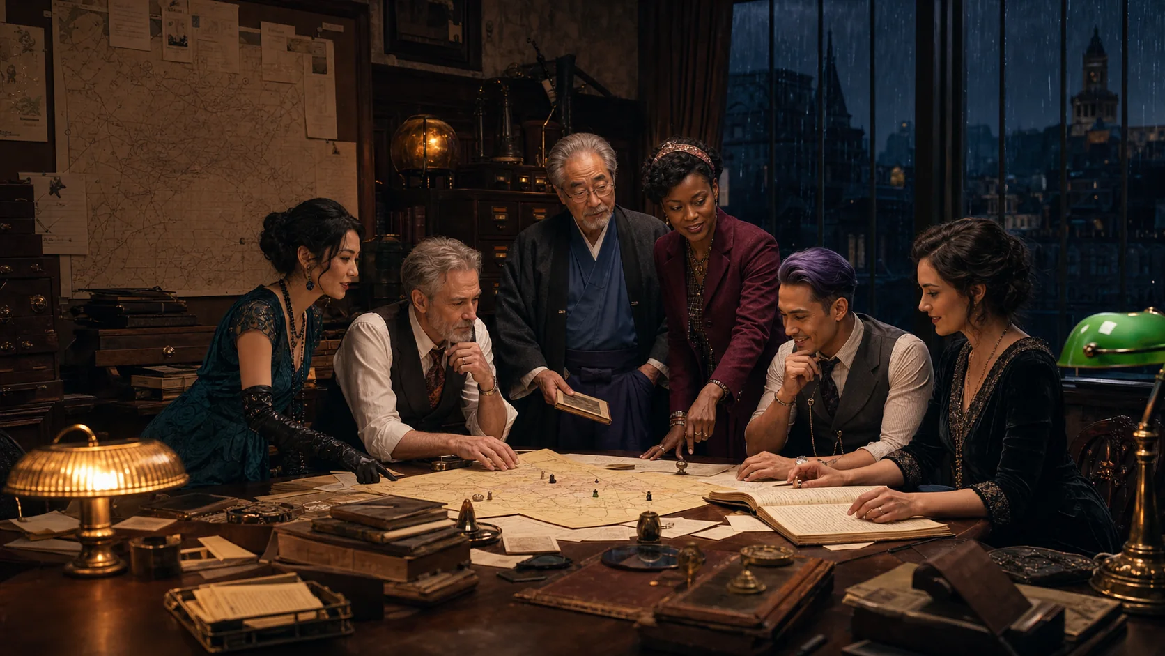 Puzzlewick curators gathered around the Arkham Horror archive table