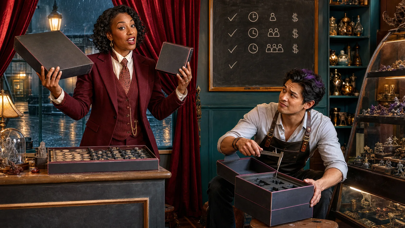 Imani comparing game boxes while Dax inspects a component insert at an occult curiosity shop