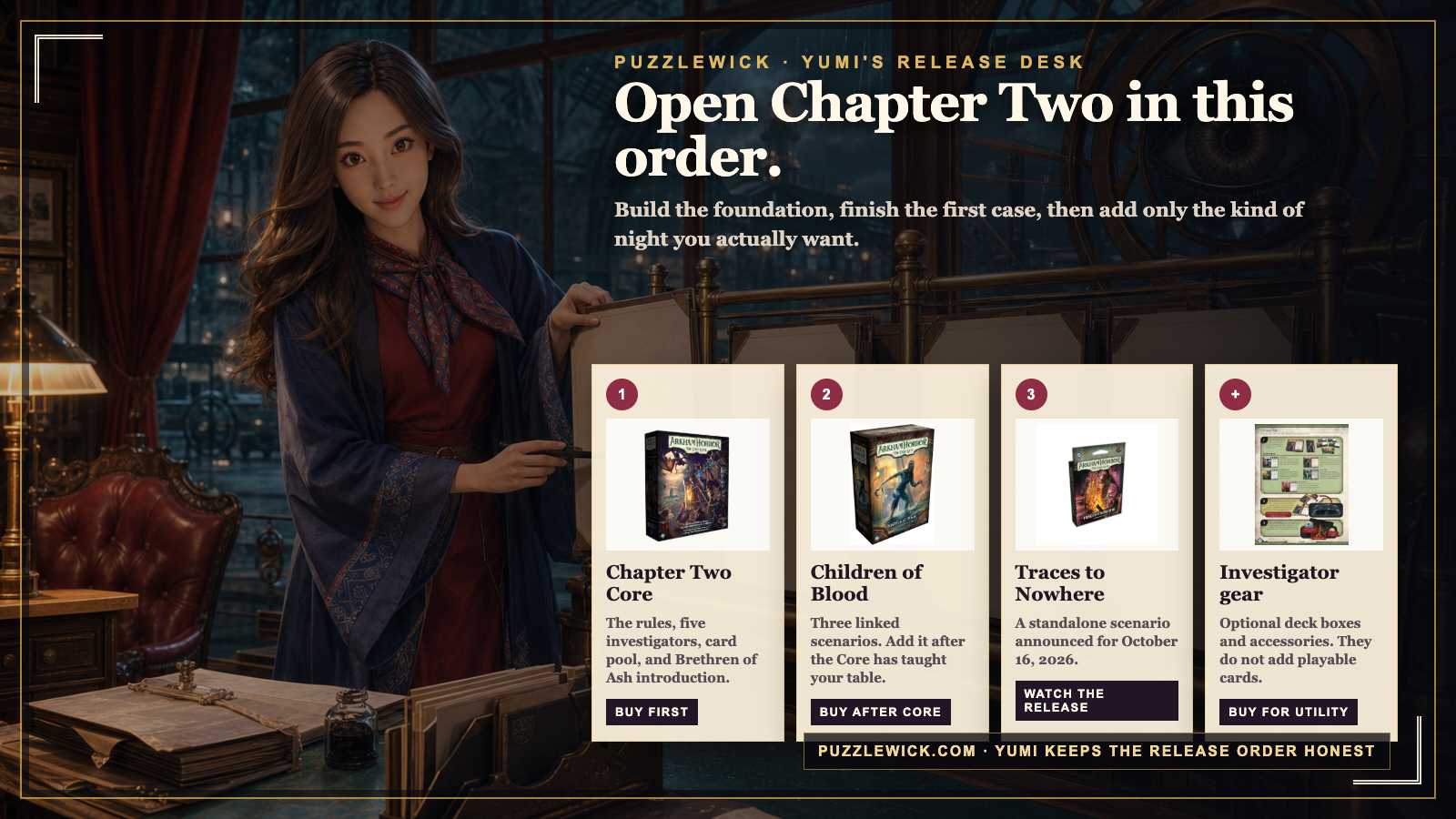 Yumi organizing an Arkham release desk beside the Chapter Two Core, Children of Blood, Traces to Nowhere, and optional player aids