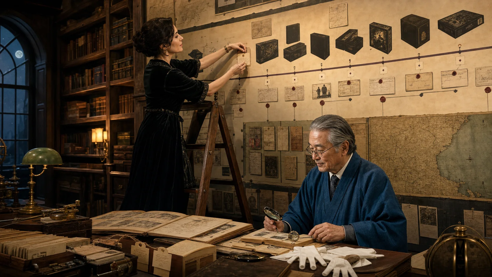 Margo and Kenji reconstructing the history of Arkham Horror in the Miskatonic archive