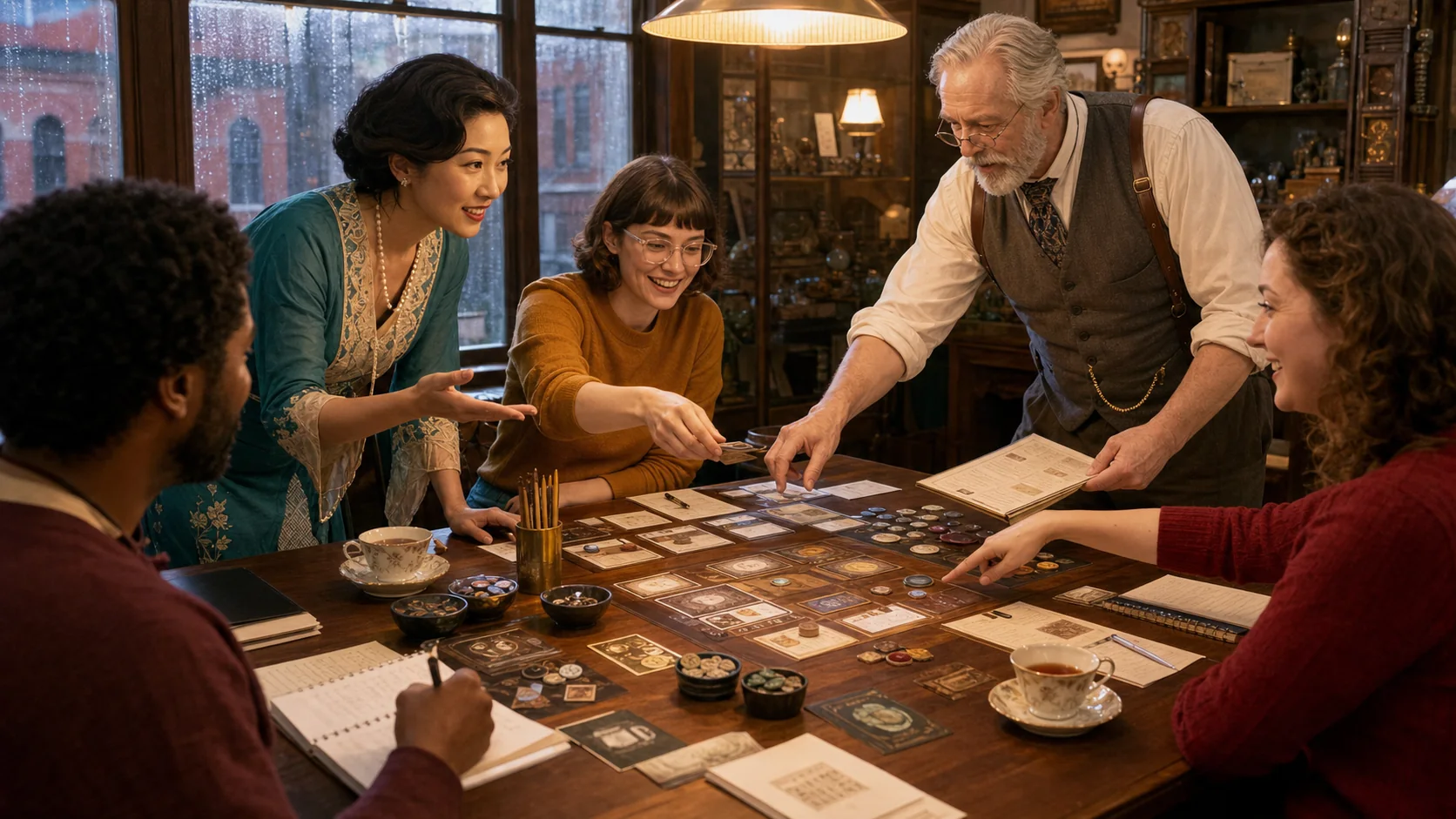 Yumi and Robert teaching an Arkham-style card game setup to adult players
